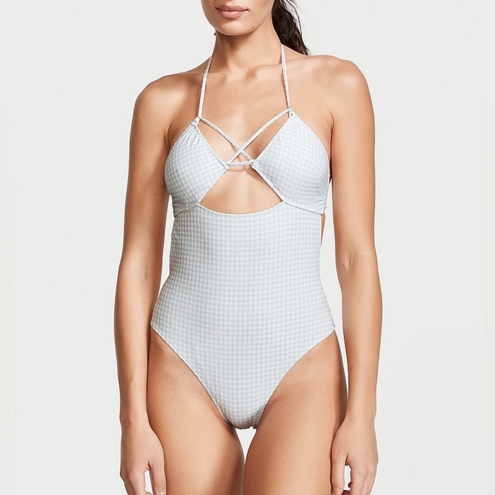 Victoria’s Secret Light Blue Gingham Strappy Cutout One-Piece NWOT (Size Small)